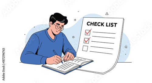 Young man in a blue sweater sitting at a desk and diligently filling out a large checklist with red checkmarks on a light background.