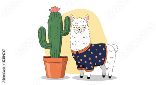 Adorable white alpaca wearing a dark blue floral patterned sweater standing peacefully next to a large potted cactus with a pink flower.