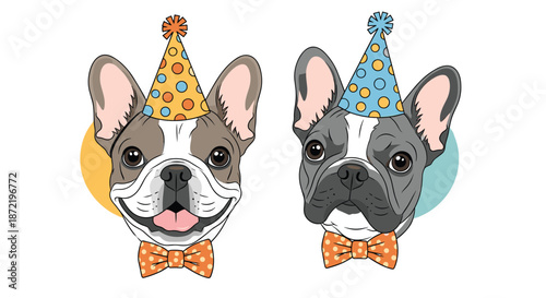 Two cute French Bulldog heads wearing colorful party hats and polka dot bow ties, perfect for birthday or celebration invitations.
