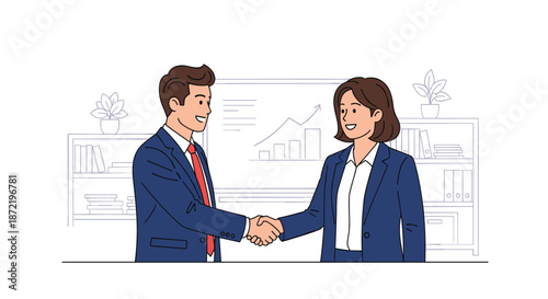 Professional man and woman in business suits shaking hands in front of a white board and bookshelves, sealing a successful deal.