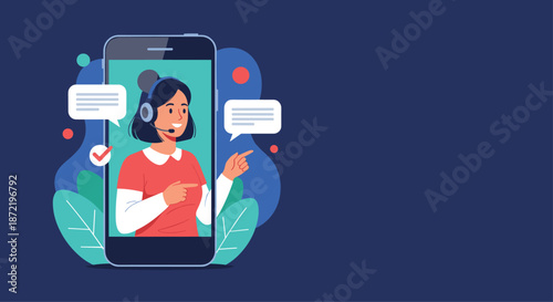 Professional female customer service agent wearing a headset providing online support via a mobile phone application interface.