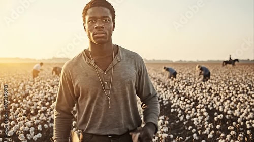 Black man in cotton field with historical labor, rural landscape, and sunset light.