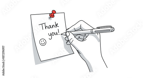 Close up of a human hand using a pen to write a polite thank you message on a white sticky note with a red pin and a smiley face.