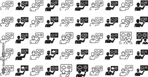 various people in different poses pointing to weather icons on screens