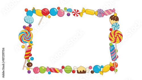 A colorful rectangular frame made of a variety of cartoon candies, including lollipops, wrapped sweets, and bonbons, on a transparent background.