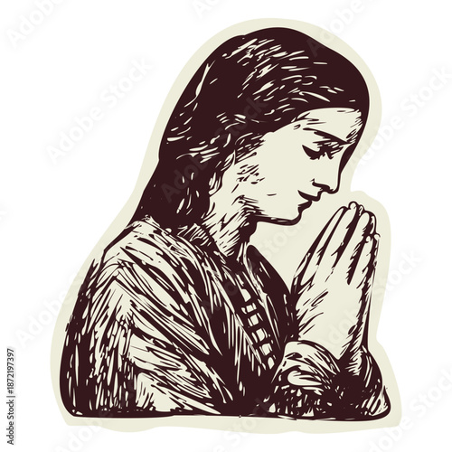 Simple woman with praying hands folded in contemplation. Hand drawn black and white vector motif for faith based illustration. Modest prayerful devotional figure with hands in prayer