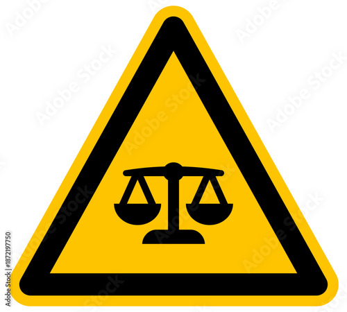Señal de advertencia triangular con icono de balanza de justicia ilustración de fondo amarillo estilo de diseño plano símbolo de ley concepto de seguridad de vektor