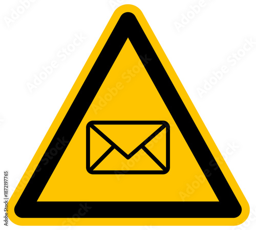 Señal de advertencia triangular con icono de sobre de correo ilustración de diseño plano amarillo para comunicación y mensajes de email concepto de vektor