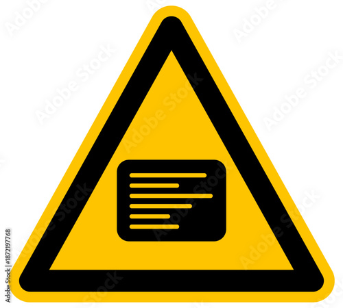 Señal de advertencia triangular con icono de líneas de texto o código ilustración de diseño plano amarillo para documentación y datos concepto de vektor