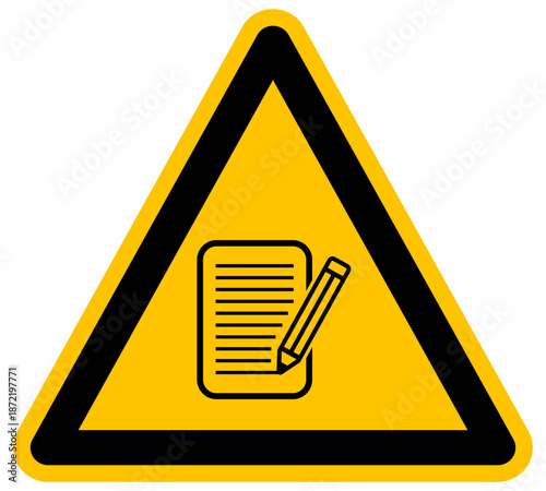 Señal de advertencia triangular con icono de papel y lápiz ilustración de diseño plano amarillo para escribir y editar documentos concepto de vektor