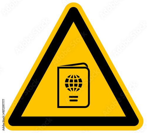 Señal de advertencia triangular con icono de pasaporte y globo terráqueo ilustración de diseño plano amarillo para viajes internacionales concepto de vektor