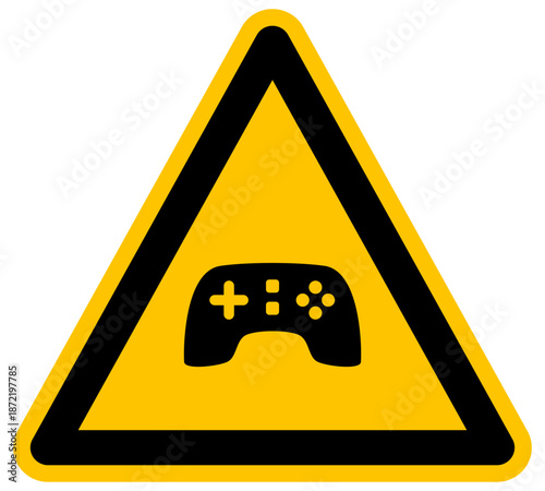Señal de advertencia triangular con icono de mando de videojuegos ilustración de estilo de diseño plano amarillo para juegos y entretenimiento concepto de vektor