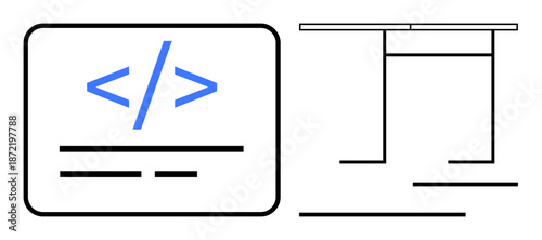 Web development, tech learning, programming, minimal design, software creation, coding environment. A coding tag symbol with a desk and abstract lines. Web development and programming concept