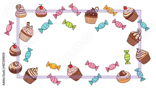 A decorative rectangular frame made of assorted cartoon cupcakes and colorful wrapped candies, leaving a blank space in the center for text.