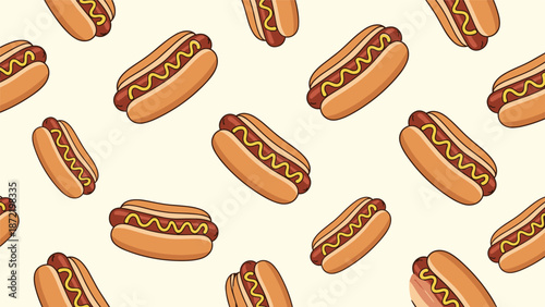 A simple and clean seamless pattern of classic hot dogs with mustard in a bun, scattered diagonally on a light cream-colored background.