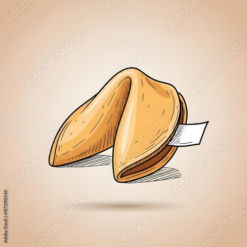 Hand-drawn illustration of a single fortune cookie with a blank paper slip sticking out, on a light brown background.
