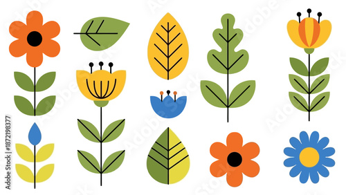 A vibrant collection of stylized, flat design floral illustrations and botanical elements in a cheerful color palette.