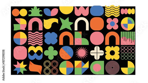 A vibrant and abstract geometric pattern featuring a diverse collection of colorful shapes on a black background.