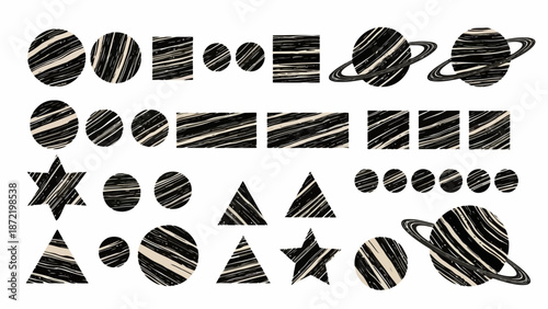 A collection of abstract geometric shapes and celestial bodies with a textured, striped pattern in black and white.