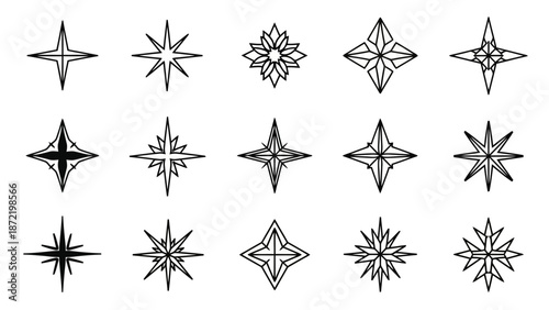A collection of fifteen stylized starburst and geometric star designs, presented in a grid format against a white background.