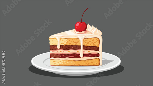 A delicious and detailed illustration of a multi-layered slice of cake on a white plate, with white frosting, a cherry on top, and a dark background.