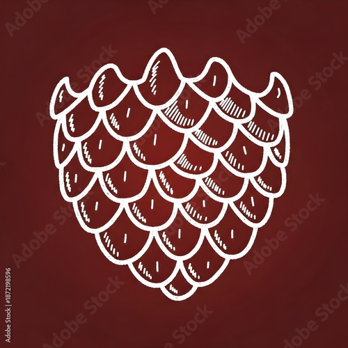 Hand-drawn white hop cone or scale pattern illustration on a dark red background with doodle style.