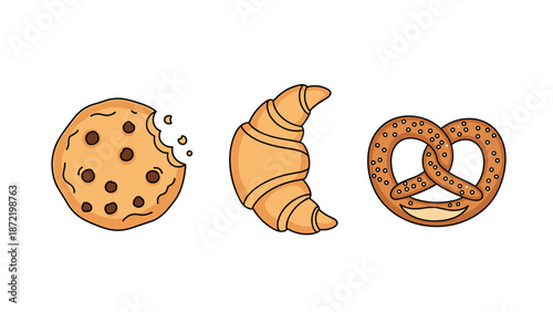 A simple set of three classic bakery items, including a chocolate chip cookie, a croissant, and a pretzel, illustrated in a cute cartoon style.