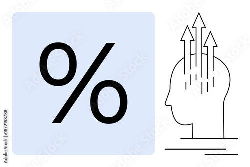 Growth and analytics. Percentage symbol paired with a human head illustration arrows rising upwards. Growth, percentage use, and analytics concepts. For business, finance, data, innovation progress