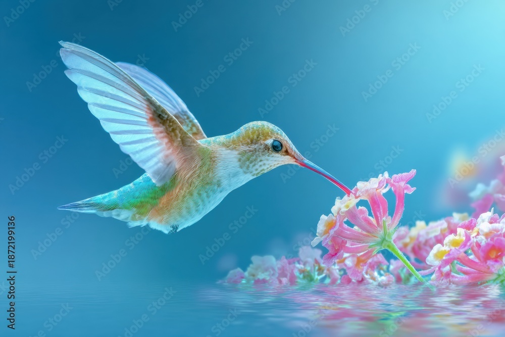 Naklejka premium High-Quality Ruby-throated Hummingbird Pollinating Lantana Flowers Inspiring Botanical Content for Gardening and Lifestyle Marketing