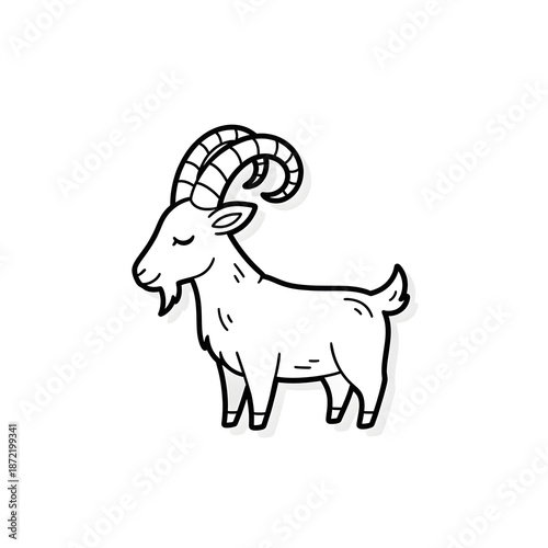 A simple black and white cartoon drawing of a goat with large curved horns and a small beard, standing calmly.