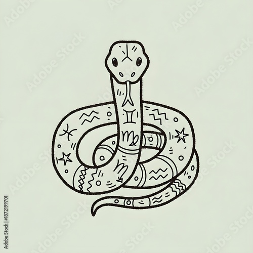 A detailed black and white line art illustration of a coiled snake adorned with various zodiac signs and mystical symbols on a plain background.