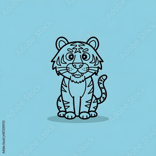 Cute cartoon tiger sitting illustration on a light blue background, featuring a friendly and smiling wild animal character.