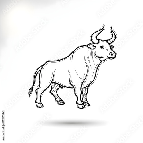 A black and white sketch of a powerful bull standing, with prominent horns and muscular build, depicted in a simple line art style.