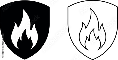 Fireproof icon with fire resistance and shield symbol, heat and overheat protection vector illustration for mobile app, UI, UX, website, and poster on transparent background