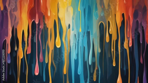 Vibrant Abstract Paint Drips Flowing Down Against Dark Background: Dynamic Rainbow Liquid Art Splash Effect Motion Graphic Element