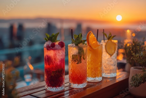 Colorful cocktails with ice and fresh fruits are on wooden bar. Perfect for summer drink menu or a fancy rooftop bar advertisement.