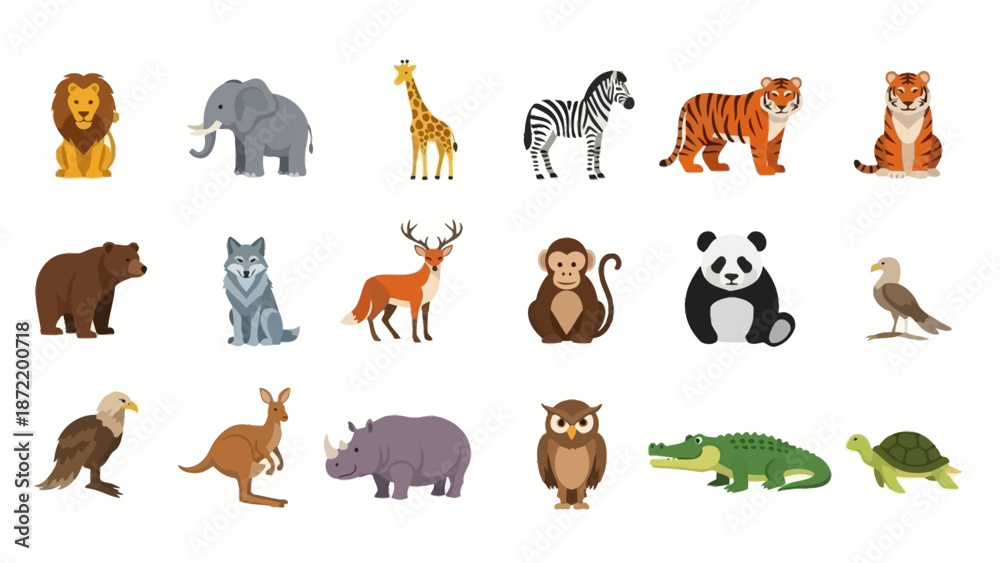 Fototapeta premium A vibrant collection of diverse wild animals, including lions, elephants, giraffes, zebras, tigers, and more, presented in a clear, colorful illustration.