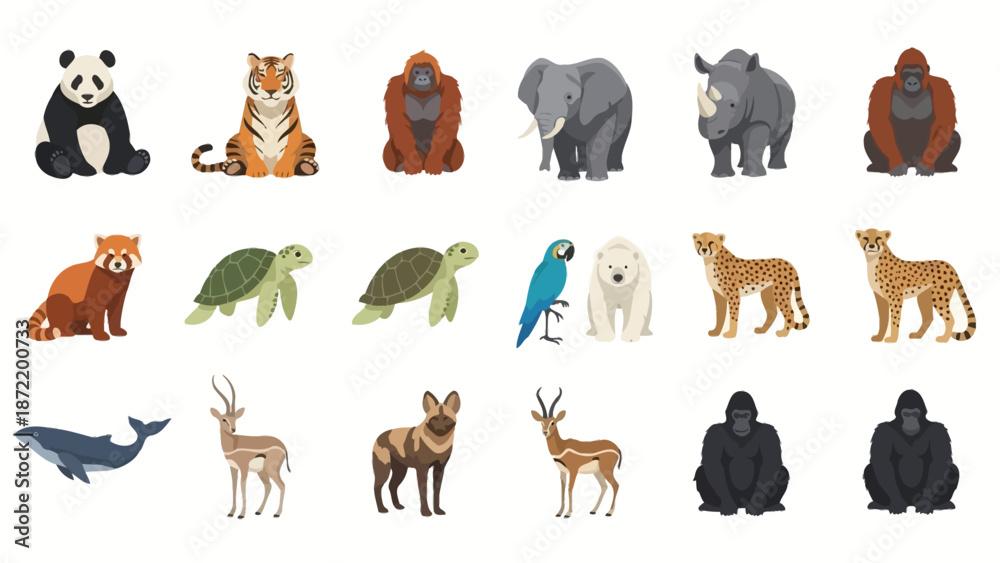 Naklejka premium A diverse collection of wild animals, including endangered species like pandas, tigers, elephants, rhinos, and gorillas, depicted in a flat vector style.