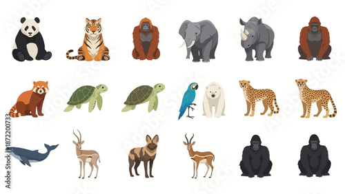 A diverse collection of wild animals, including endangered species like pandas, tigers, elephants, rhinos, and gorillas, depicted in a flat vector style.