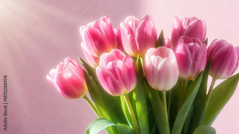 Fototapeta premium Pink Tulip Bouquet on Pastel Pink Background – Spring Flowers Flat Lay Celebration Concept