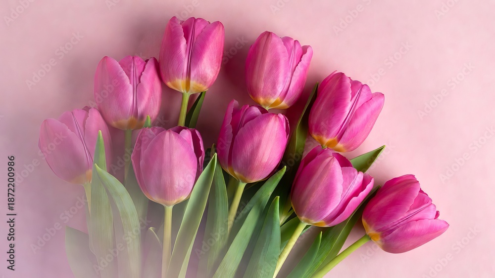Naklejka premium Pink Tulip Bouquet on Pastel Pink Background – Spring Flowers Flat Lay Celebration Concept