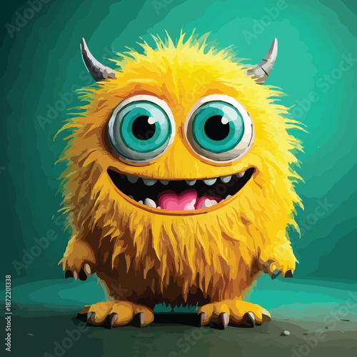 Adorable Yellow Furry Monster with Horns and Big Eyes.
