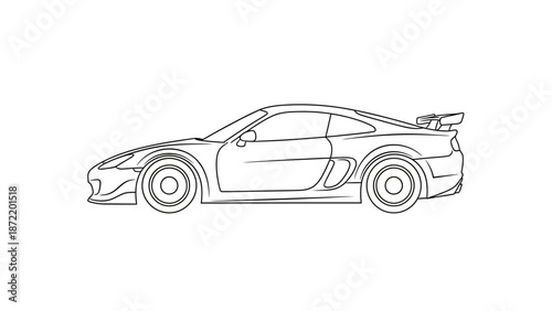 Sports Car Outline Drawing with Spoiler on Isolated White Background