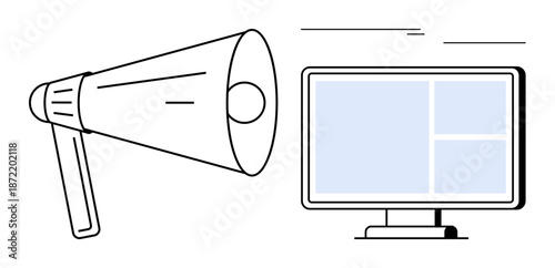 Megaphone broadcasting message towards a computer screen displaying content blocks. Ideal for marketing, advertising, digital communication, online promotion, media strategy, branding, simple flat