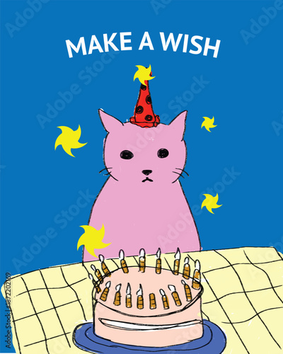 Cute pink cat celebrating birthday with cake and candles