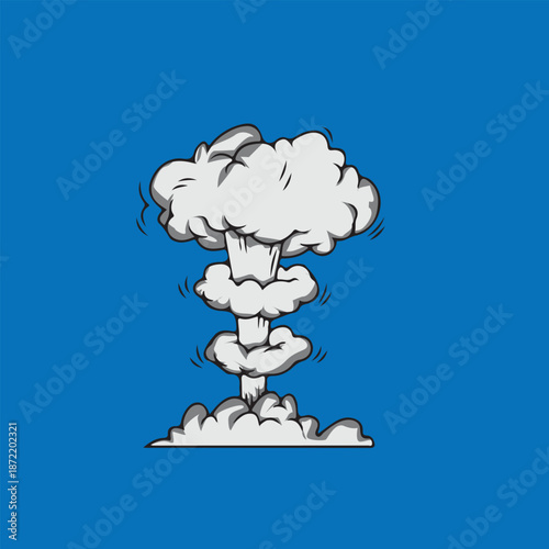 Cartoon mushroom cloud explosion on blue background
