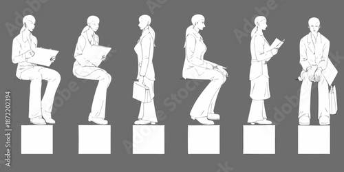 A row of stylized figures in suits posed in various attitudes on pedestals