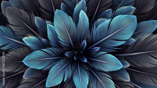 Abstract animation of luxurious dark blue and grey feathers forming a symmetrical starburst pattern, ideal for elegant backgrounds and mystical themes.