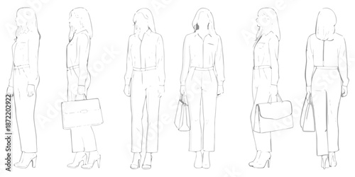 Fashion illustration of women in various outfits with handbags and heels