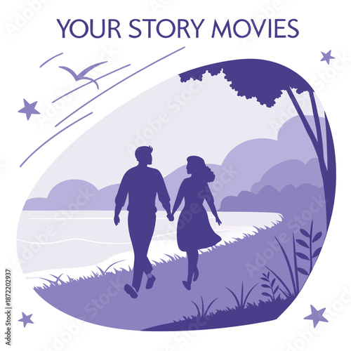 Flat vector illustration depicting people selecting a movie theme such as romantic comedies, classics, or a personal story in a relaxed viewing setting.